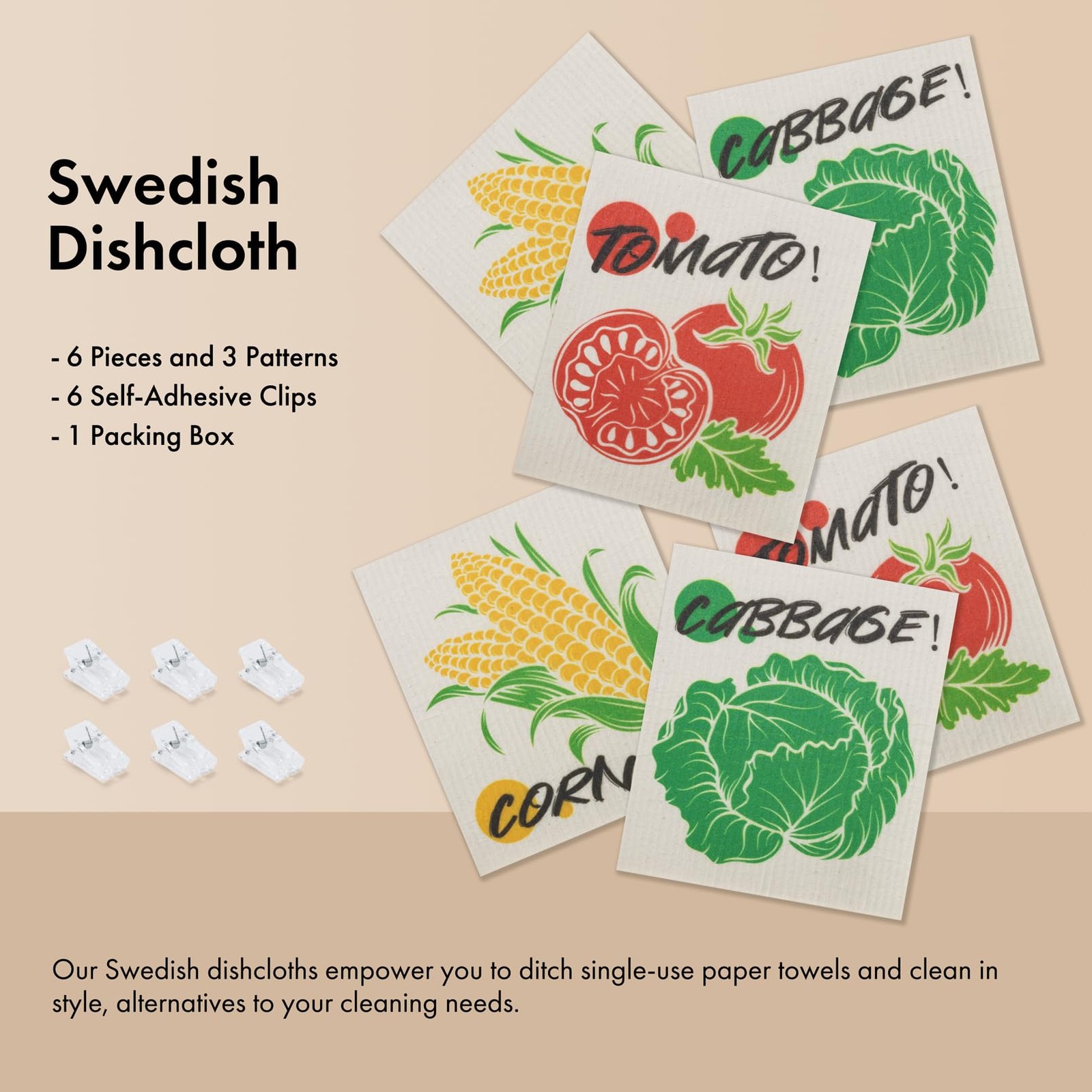 Swedish Dishcloths for Kitchen, 6 Pack Vegetable Swedish Dish Towels with Cli...