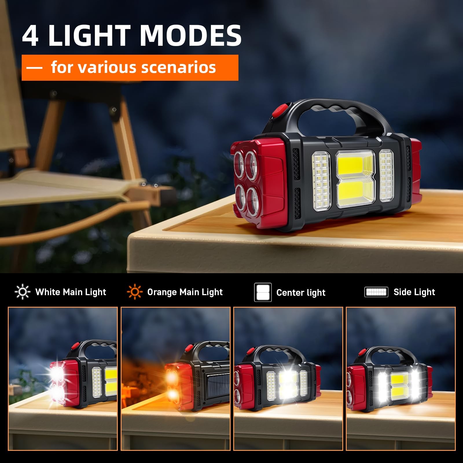 Solar Handheld Flashlight, 4 Lighting Modes Rechargeable LED Work Light, USB-...
