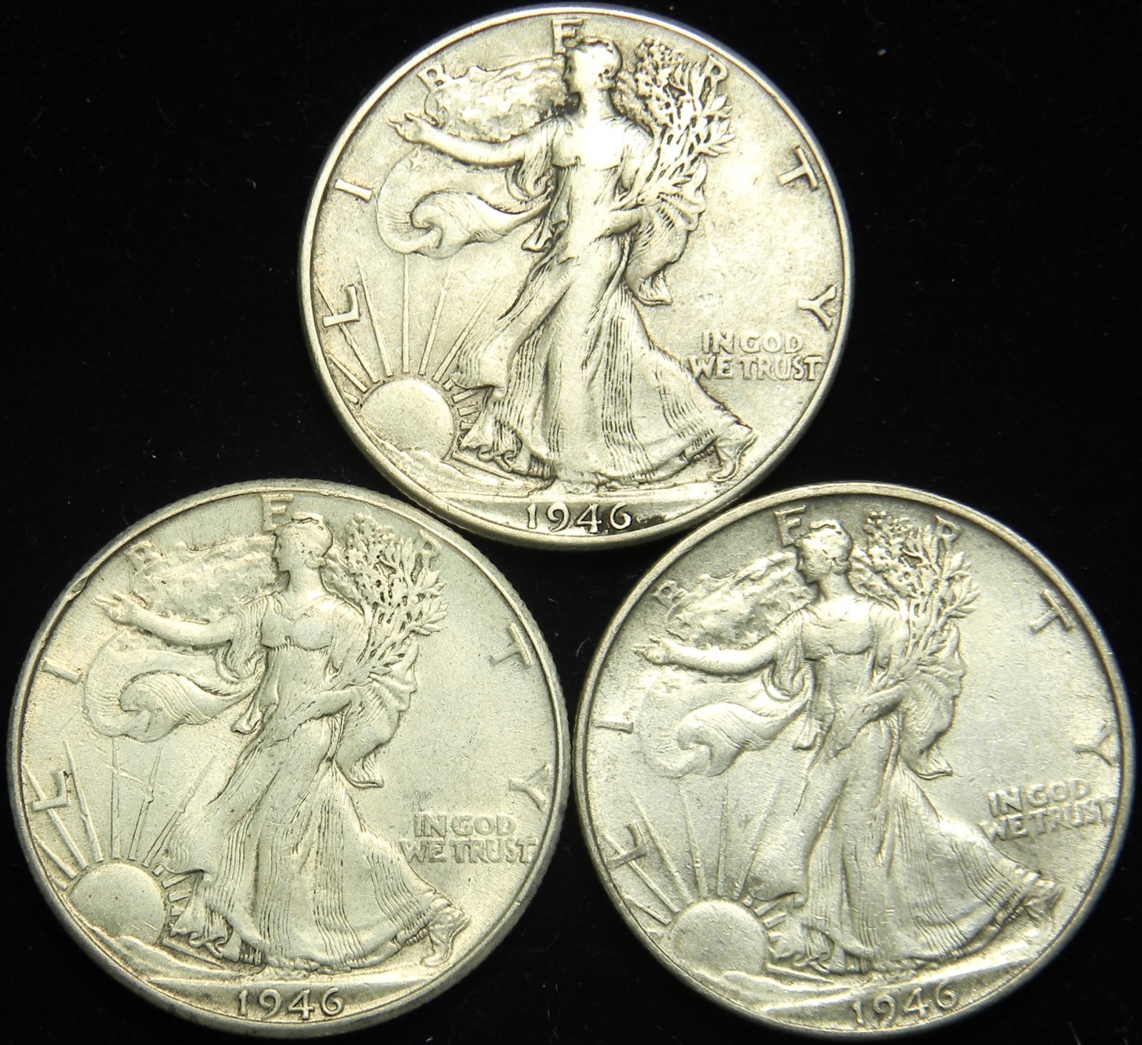 1946 PDS YEAR SET OF WALKING LIBERTY SILVER HALF DOLLARS, VF - ORIGINAL