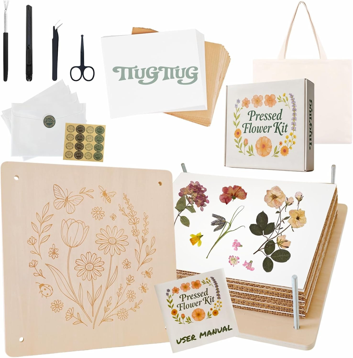 Flower Press Kit for Adults, 11" X 11" Large Wooden 10-Layer Press for DIY Flora