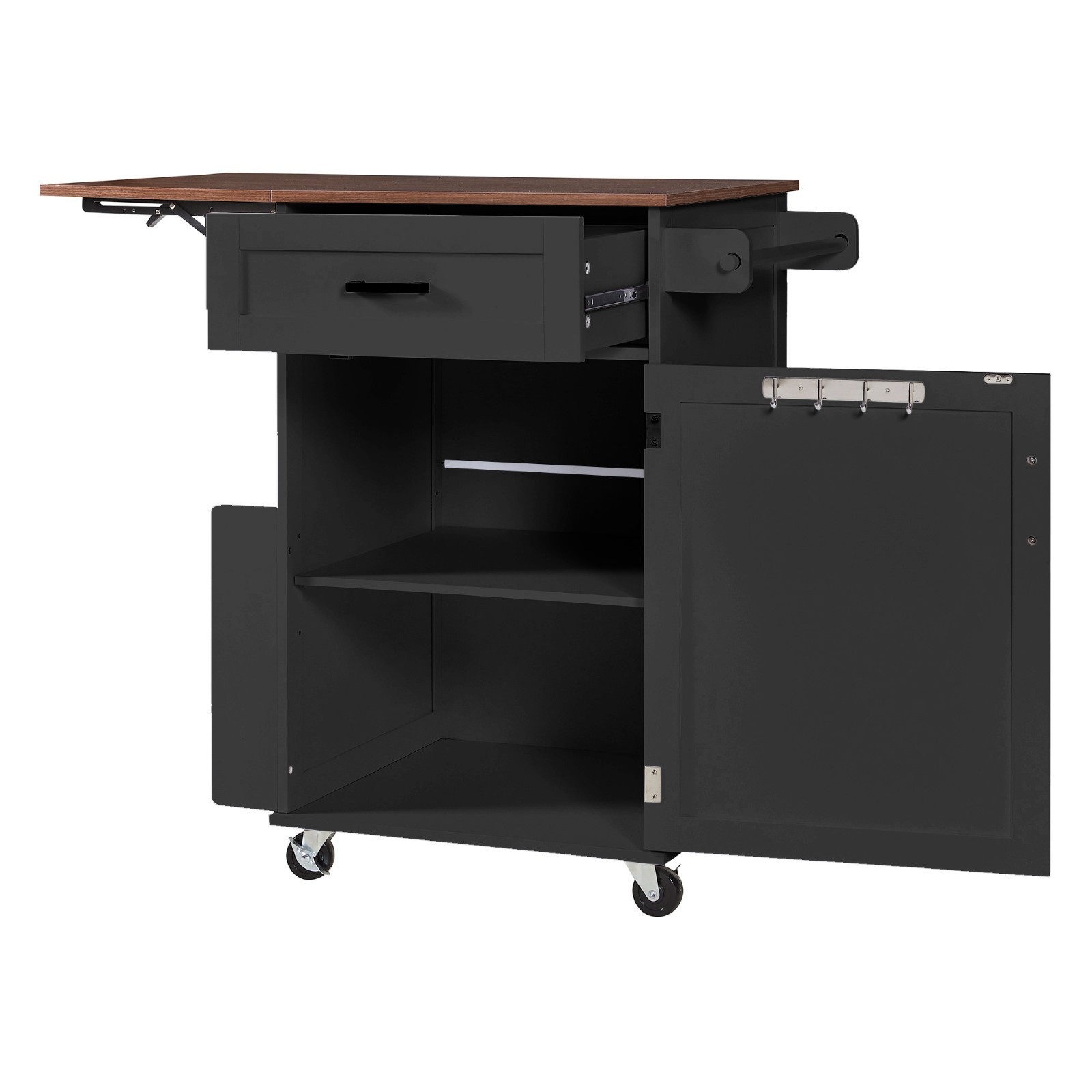 Rolling Kitchen Island Cart Storage Cabinet with Drop Leaf and Side Rack