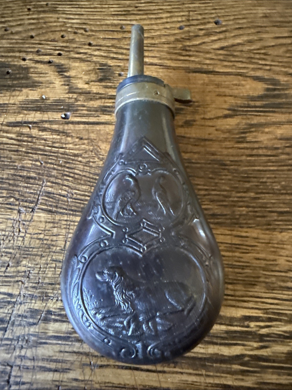 Vintage Copper & Brass Black Powder Flask Embossed with Pheasants & Hunting Dog