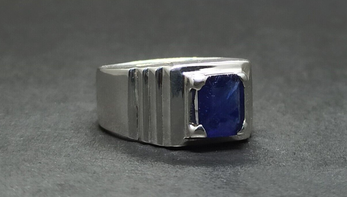 Natural Dark Blue Sapphire Sterling Silver 925 Handmade Neelam Mens Square Ring