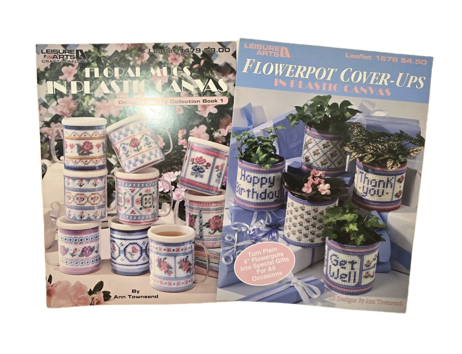 2 Plastic Canvas Pattern Leaflets Floral Mugs, Flowerpot Cover Ups Leisure Arts