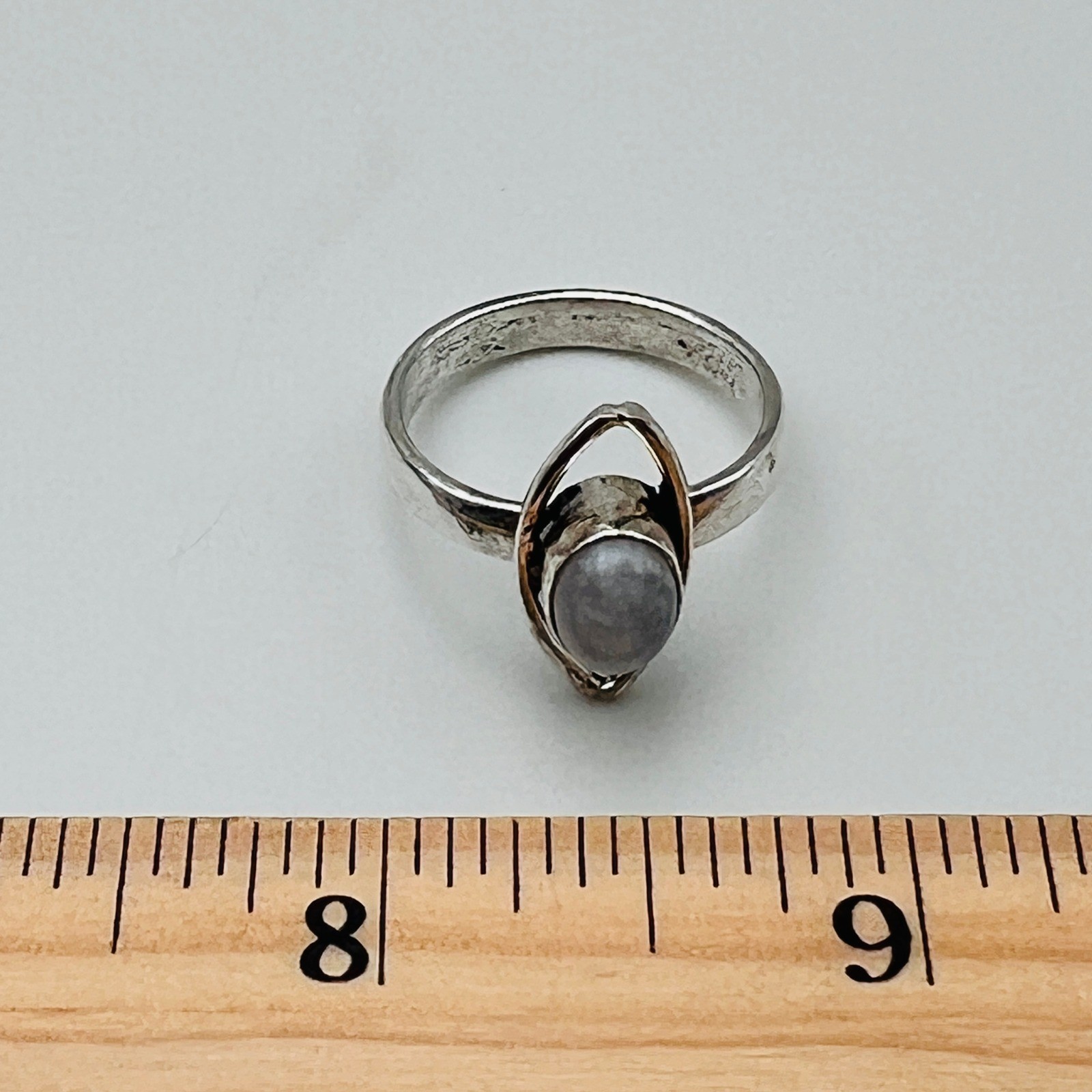 Silver Tone Ring Oval White Cabochon Modern Artisan Boho Statement Size 9 1/4