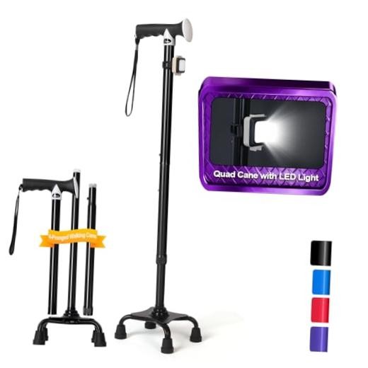 Quad Cane (300 lbs) - Adjustable Walking Cane with Large 4-Pronged Base & Black