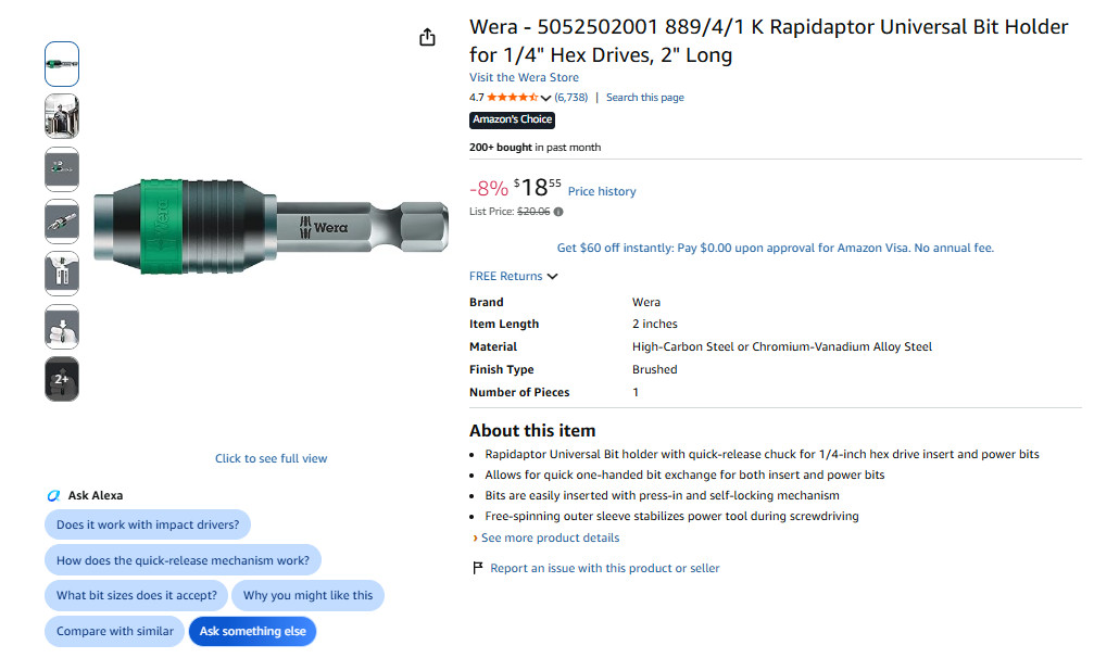 5 pack - Wera 889/4/1 K Rapidaptor Universal Bit Holder 05052502001