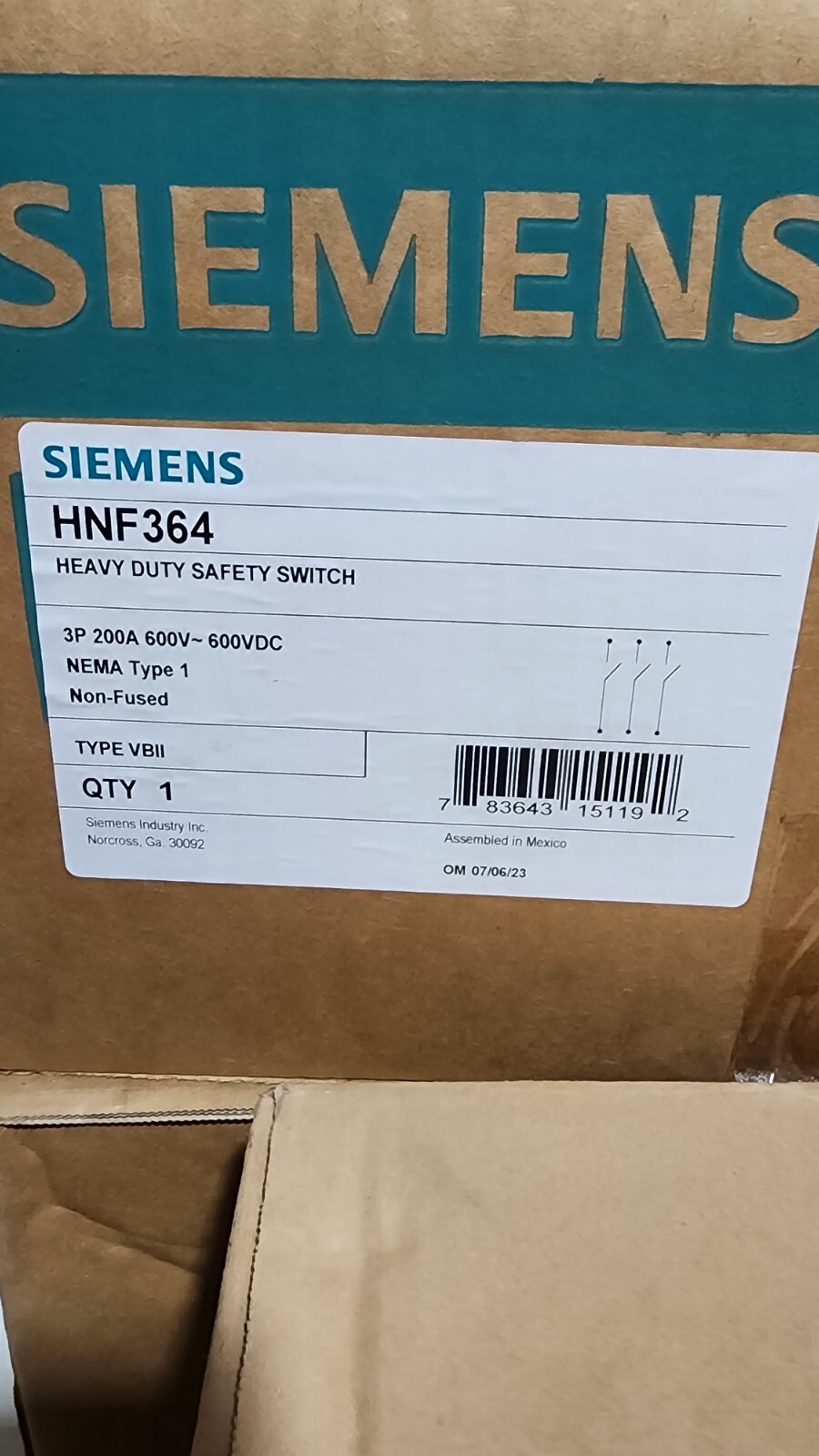 SIEMENS HNF364 , NON-FUSED HEAVY DUTY SAFETY SWITCH, 3p/200A/600V, NEW OPEN BOX