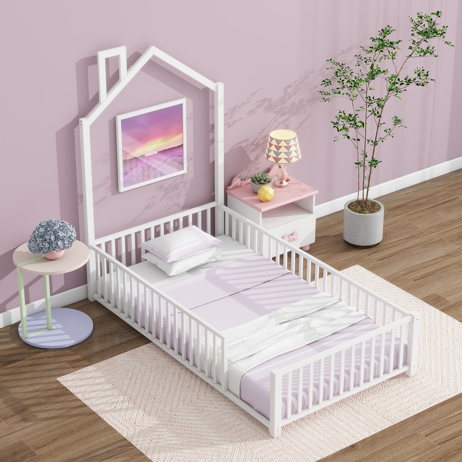 Twin Size Metal House Platform Bed with Guardrail and Chimney, White