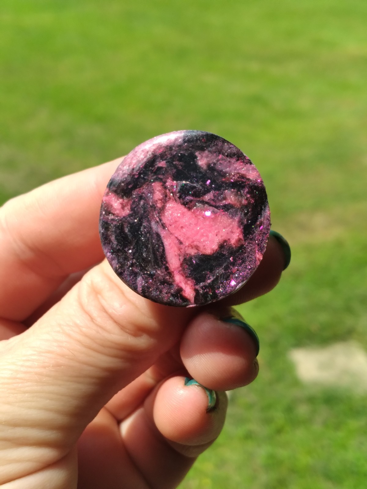 Handcrafted Silver Adjustable Polymer Clay Ring Round Pink Black Marbled