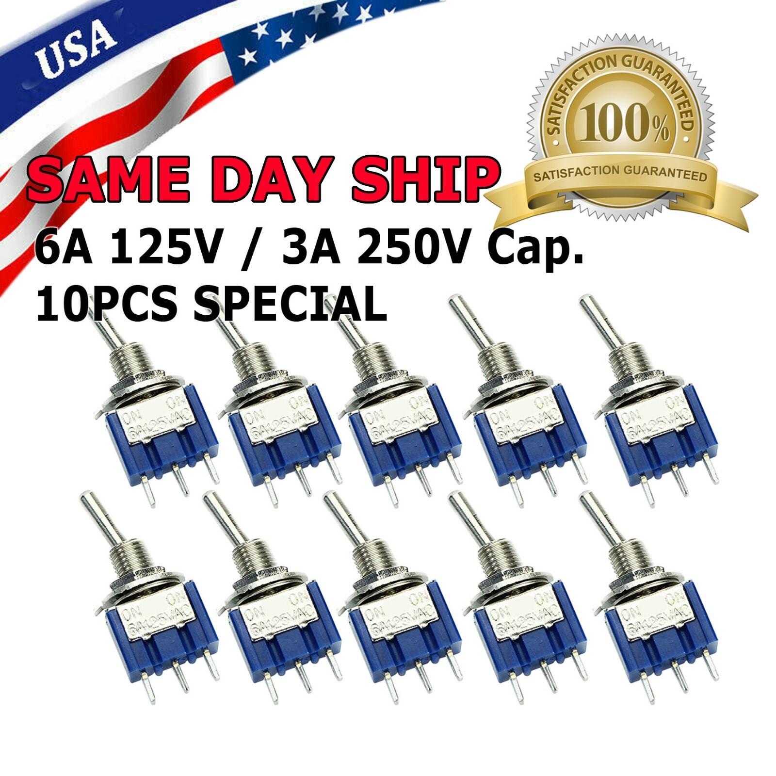 10 pcs 3 Pin SPDT ON-ON 2 Position Mini Toggle Switches MTS-102 Blue US Stock