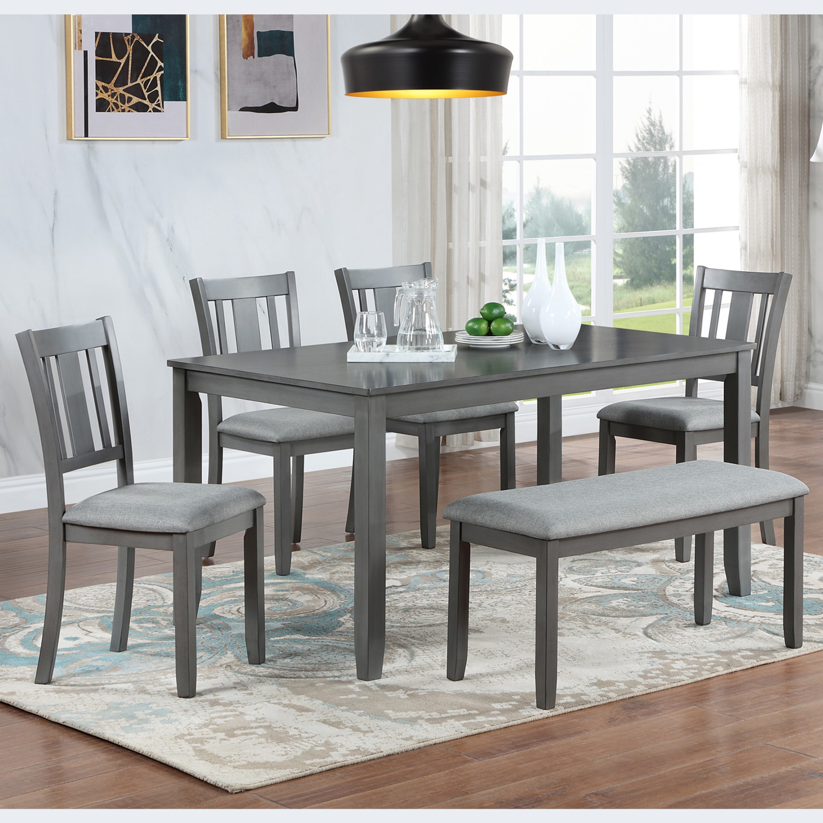 A rectangular dining table, equipped with 4 upholstered chairs and a long bench