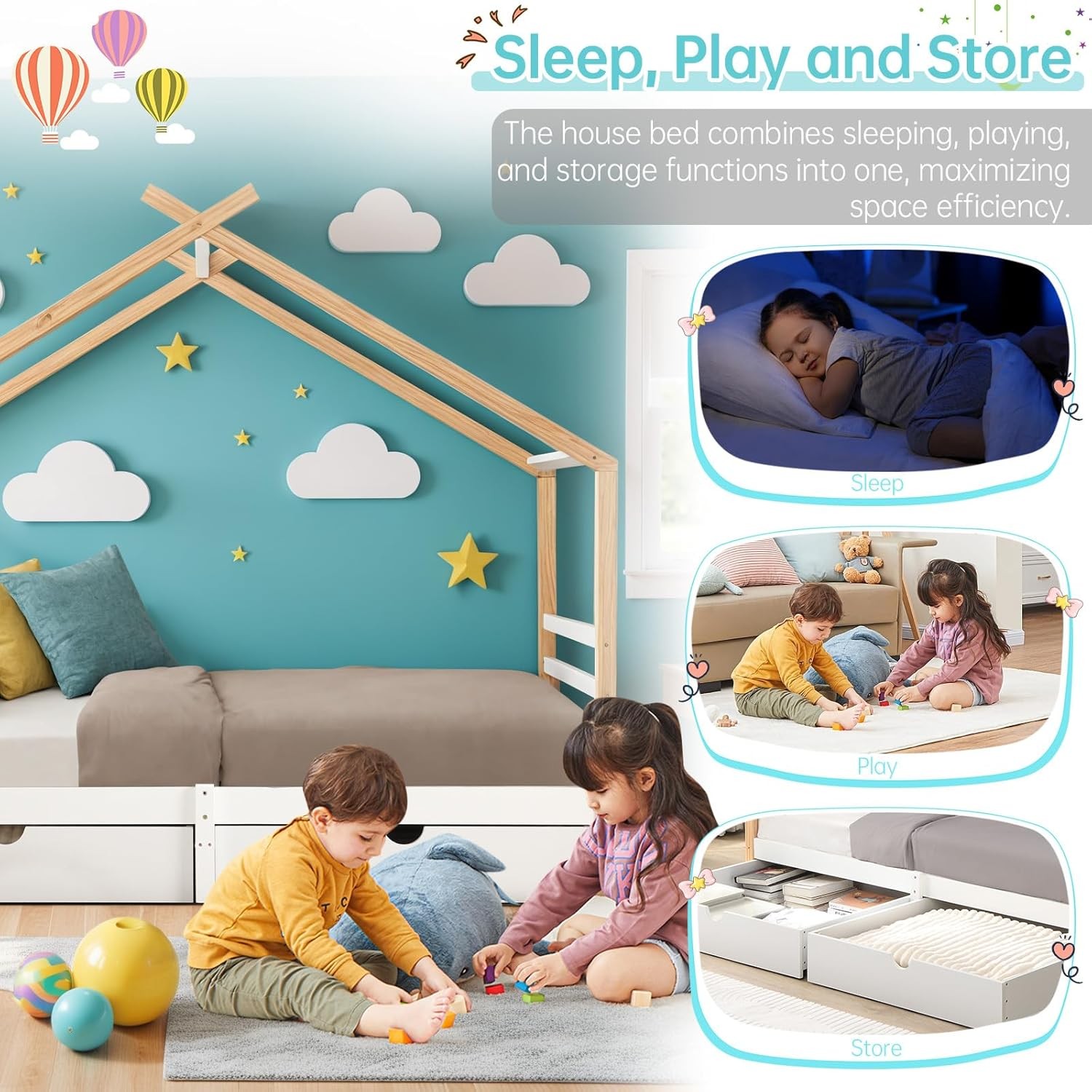 Twin Size Kids House Bed Frame 2 Storage Drawers Wooden Platform Bed