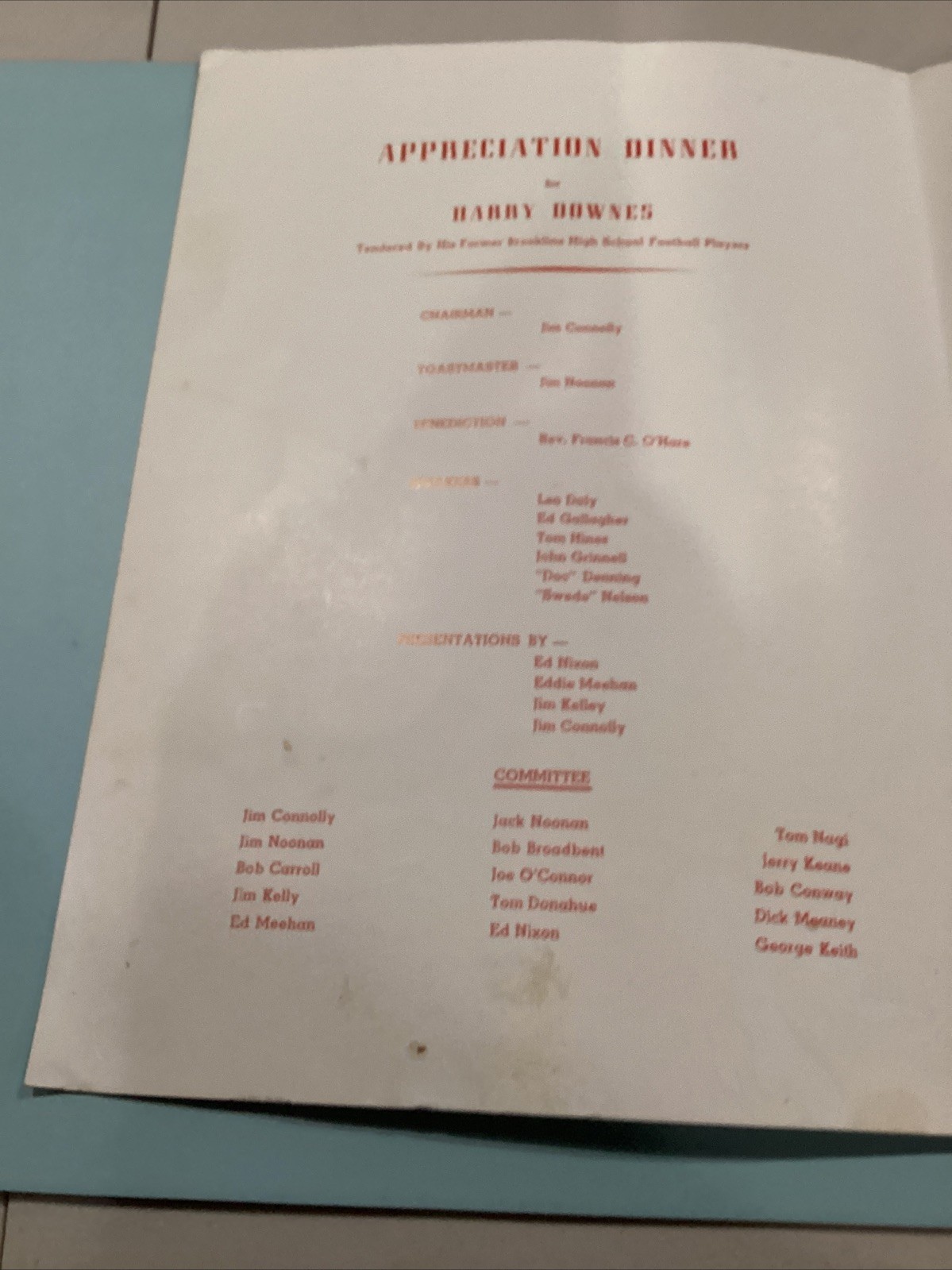 1954 Harry Downes Brookline HS Appreciation Dinner Program Swede Nelson Coll