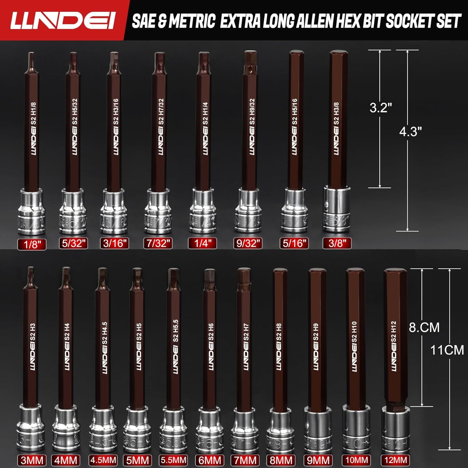 LLNDEI 3/8-Inch Drive Extra Long Allen Hex Bit Socket Set 19PCS- Standard...