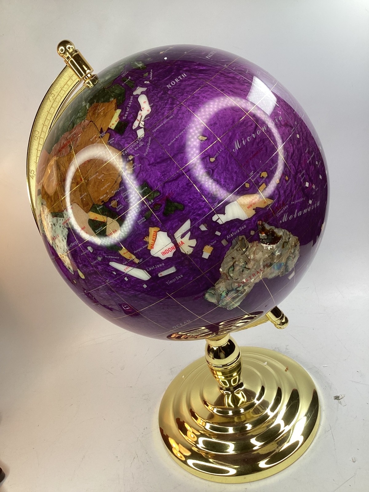 Unique Art Standing purple Gemstone World Globe Gold metal base NEW/BOX free shp