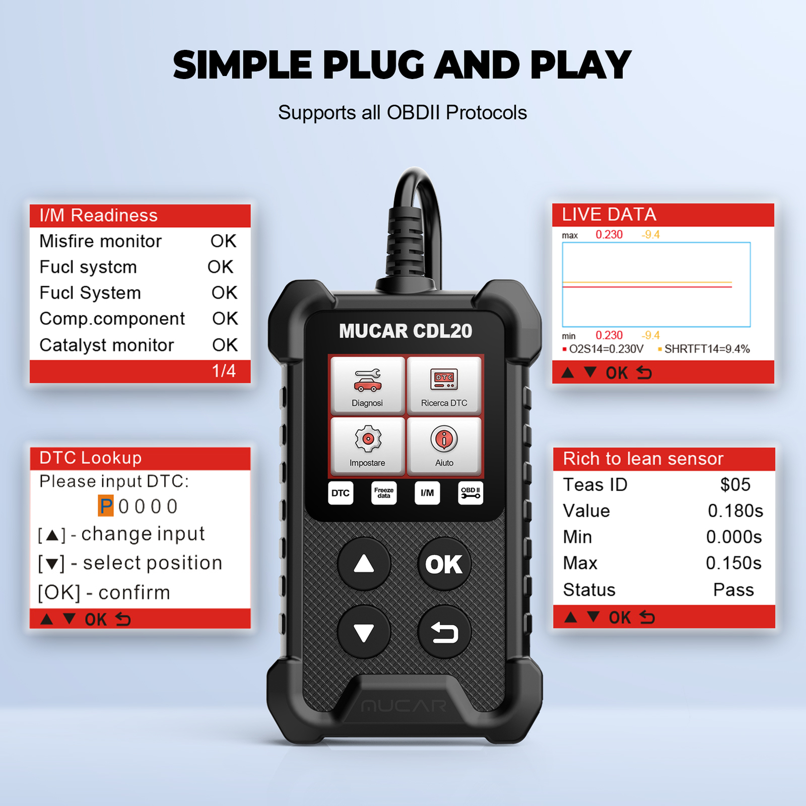 MUCAR CDL20 Car OBD2 Scanner Code Reader Check Engine Fault Diagnostic Tool 2024
