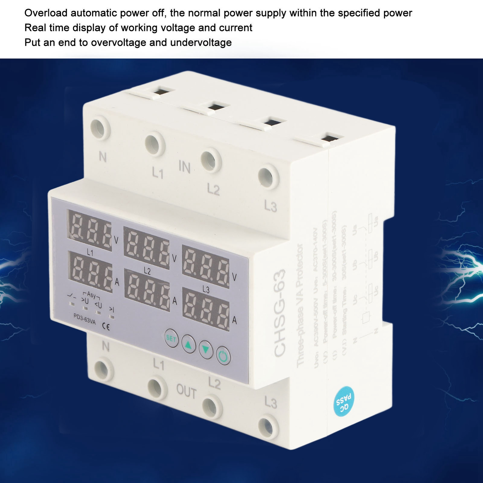 3 Phase DIN Rail Voltmeter Ammeter Automatic Overvoltage Protector 63A Part