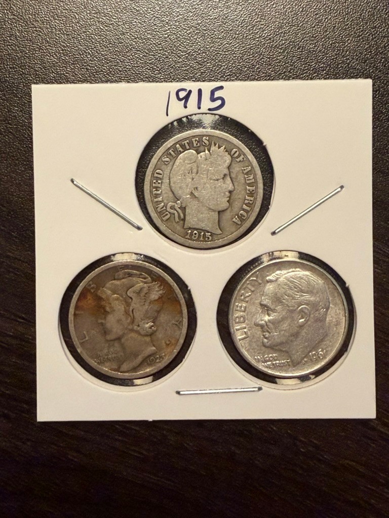 Silver Dime Type Set of 3 coins: 1915 Barber, Mercury and Roosevelt