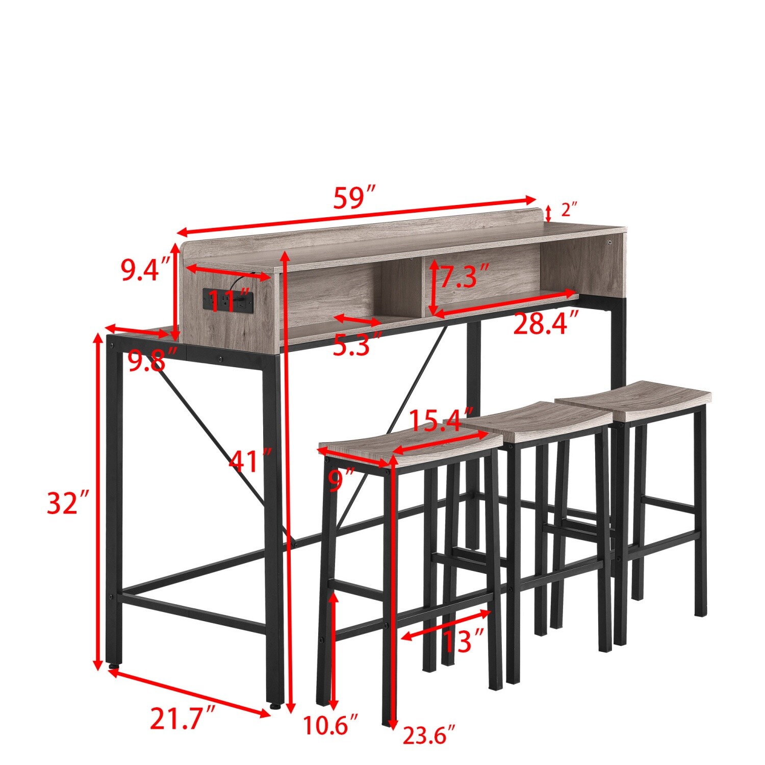 4 Piece Bar Table Set Bar Table with 3 Bar Stool & LED lights & USB Ports