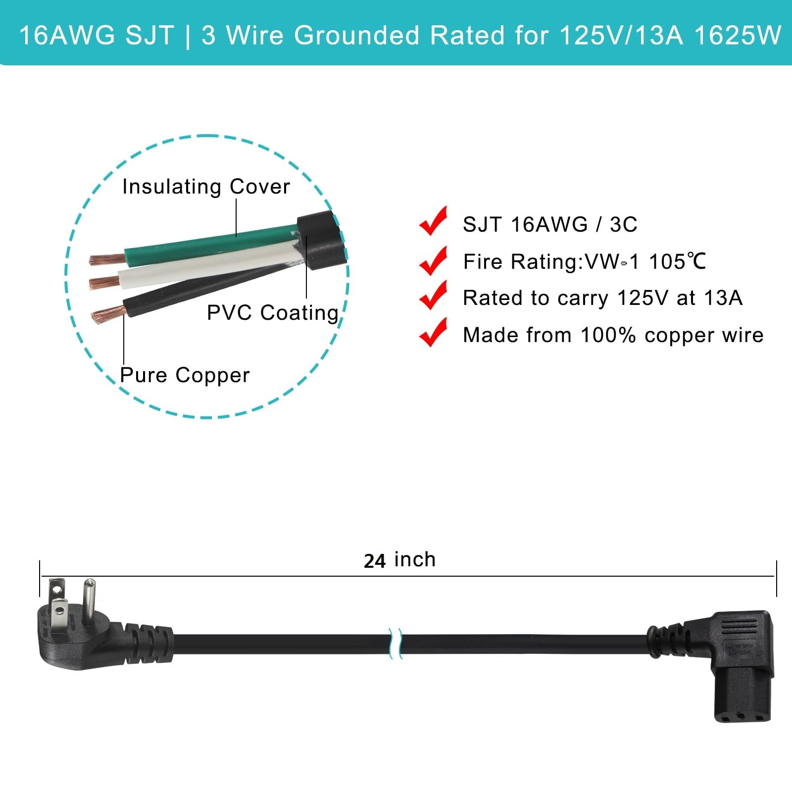 90 Degree Power Cord - 2FT Right Angle IEC, Universal PC 2FT, Black