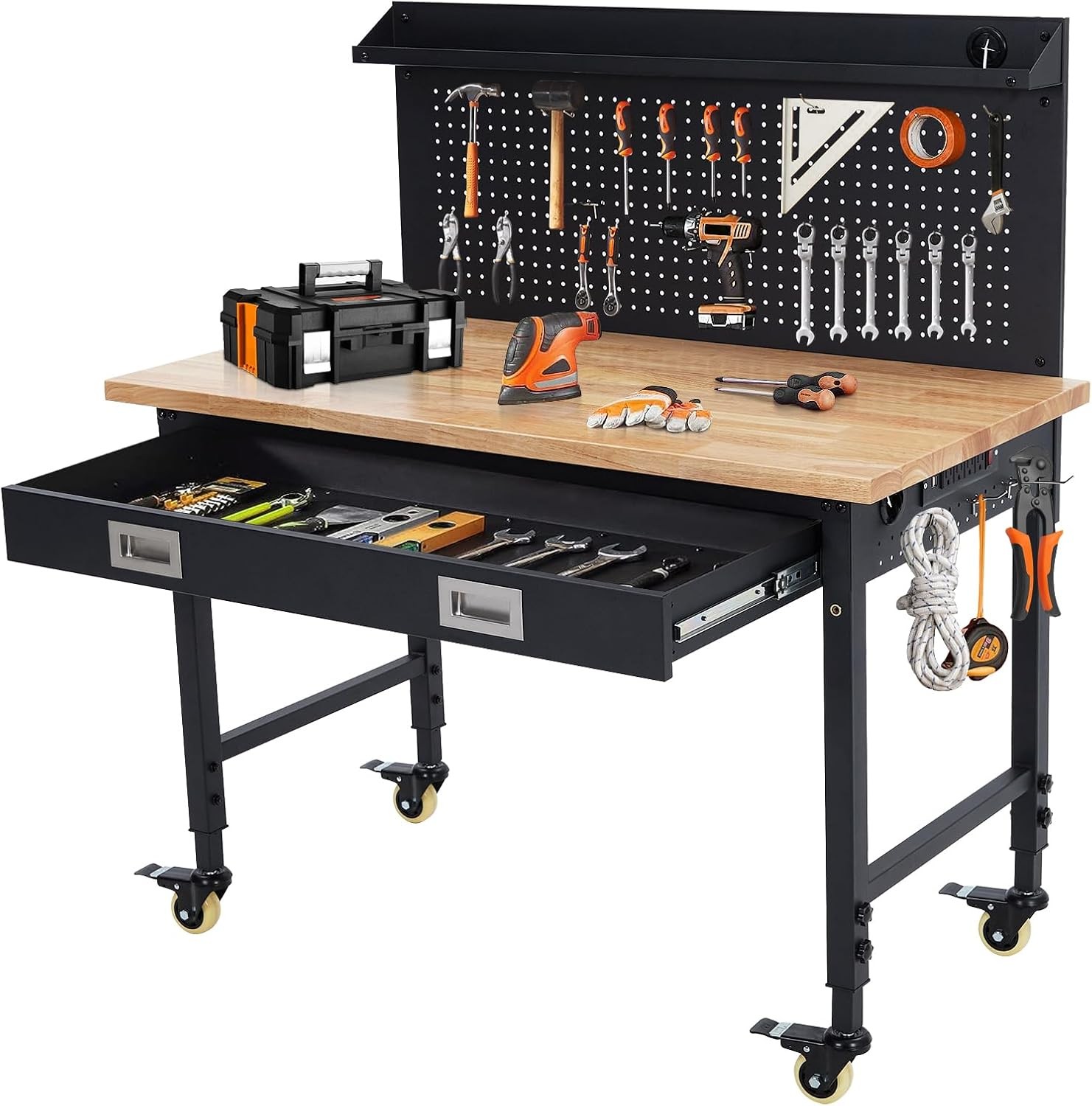 48" Adjustable Workbench 2000 LBS with Drawer Tool Storage Pegboard Workstation