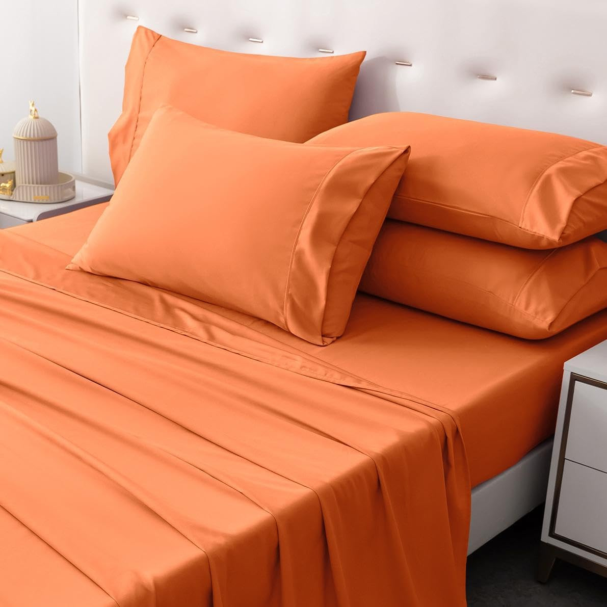 6 Pcs Pumpkin Orange Queen Bed Sheets, Queen Size Sheet Set Deep Pocket Fit for