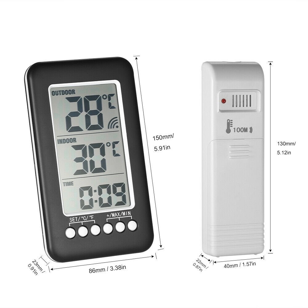 Digital LCD Thermometer Clock Wireless Indoor/Outdoor Temperature Meter Gauge
