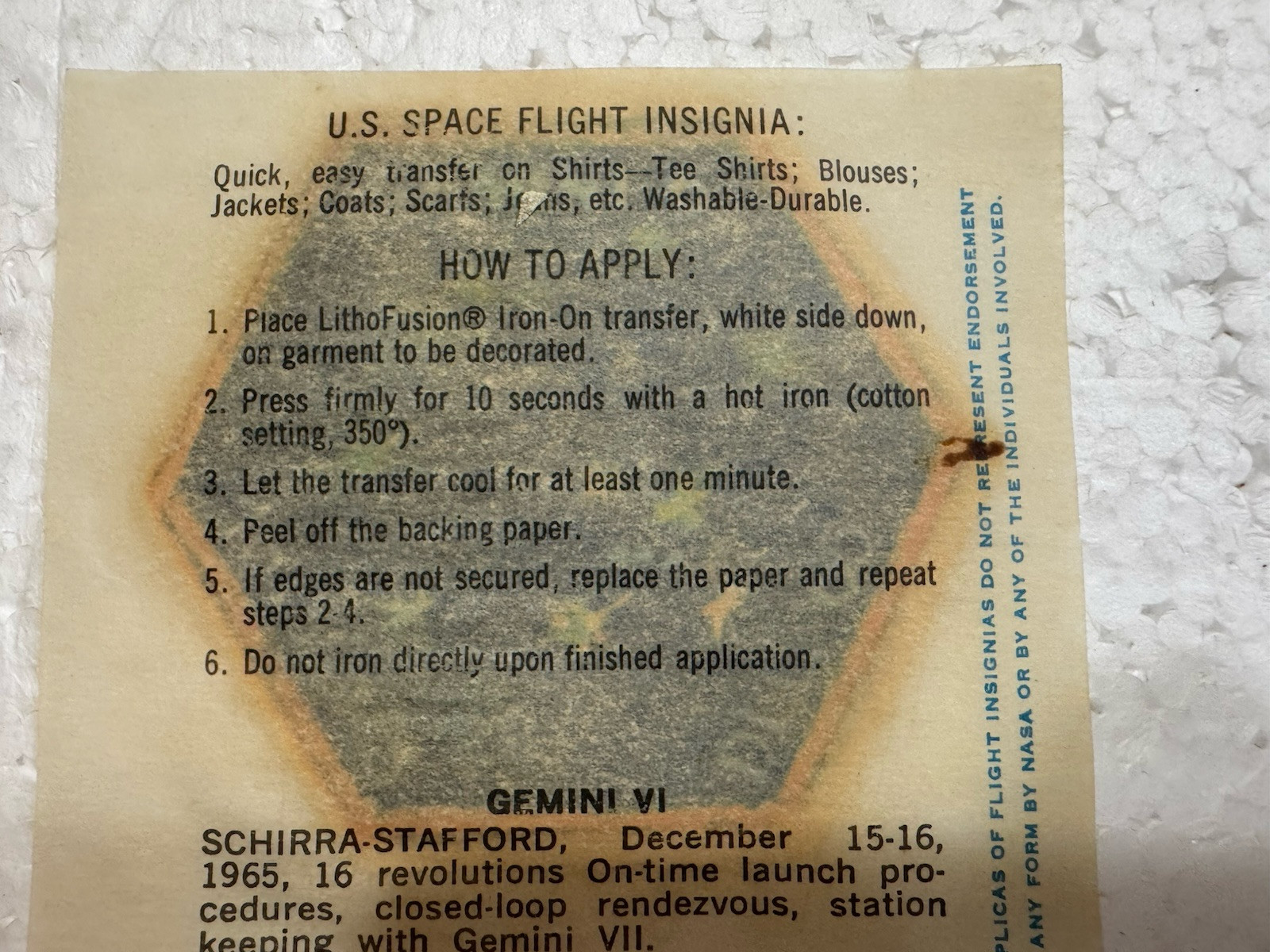 Vintage NASA Gemini VI Transfer Decal