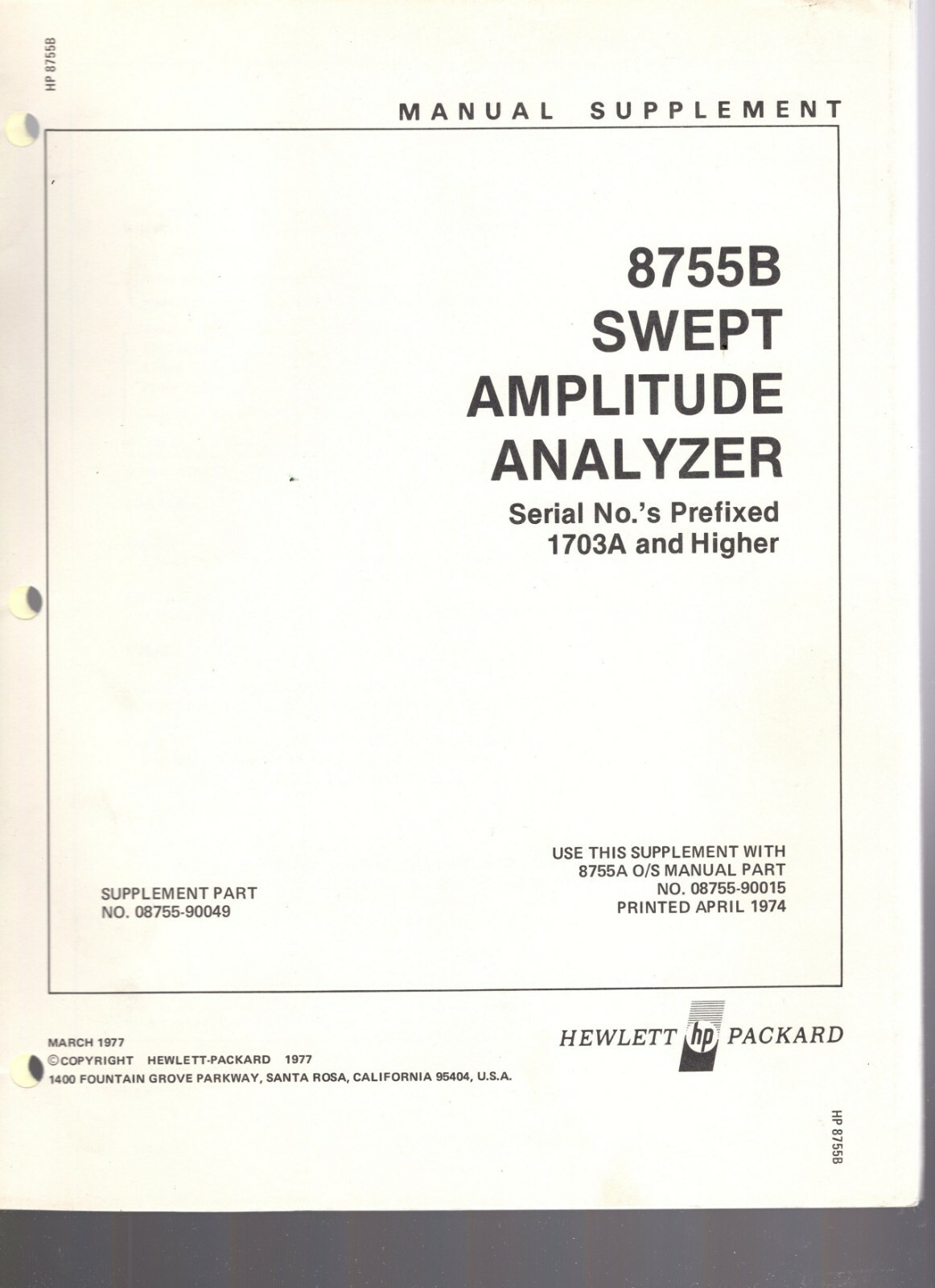 Original Hewlett Packard 8755B Swept Amplitude Analyzer Manual Supplement