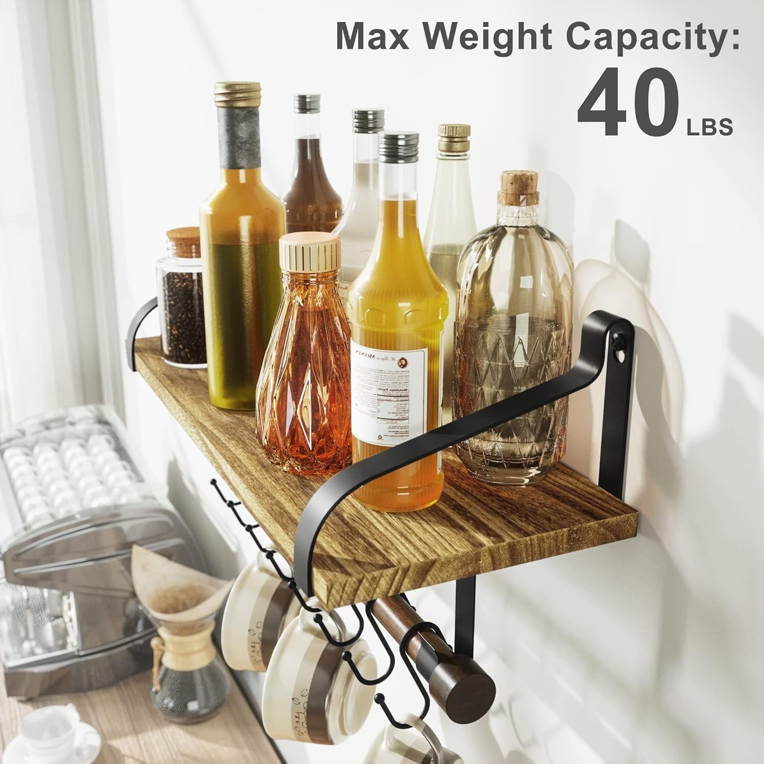 Rustic Floating Wall Shelf with Towel Bar & 8 Hooks - Stylish Kitchen Organizer