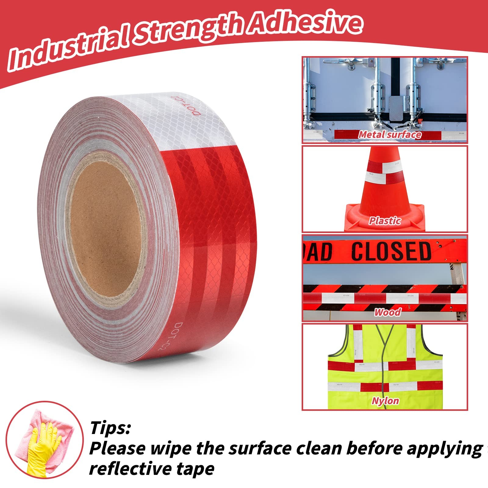 DOT-C2 Reflective Tape 2 in X 600 FT, Dot Safety 2 Inch x 100 Red & White