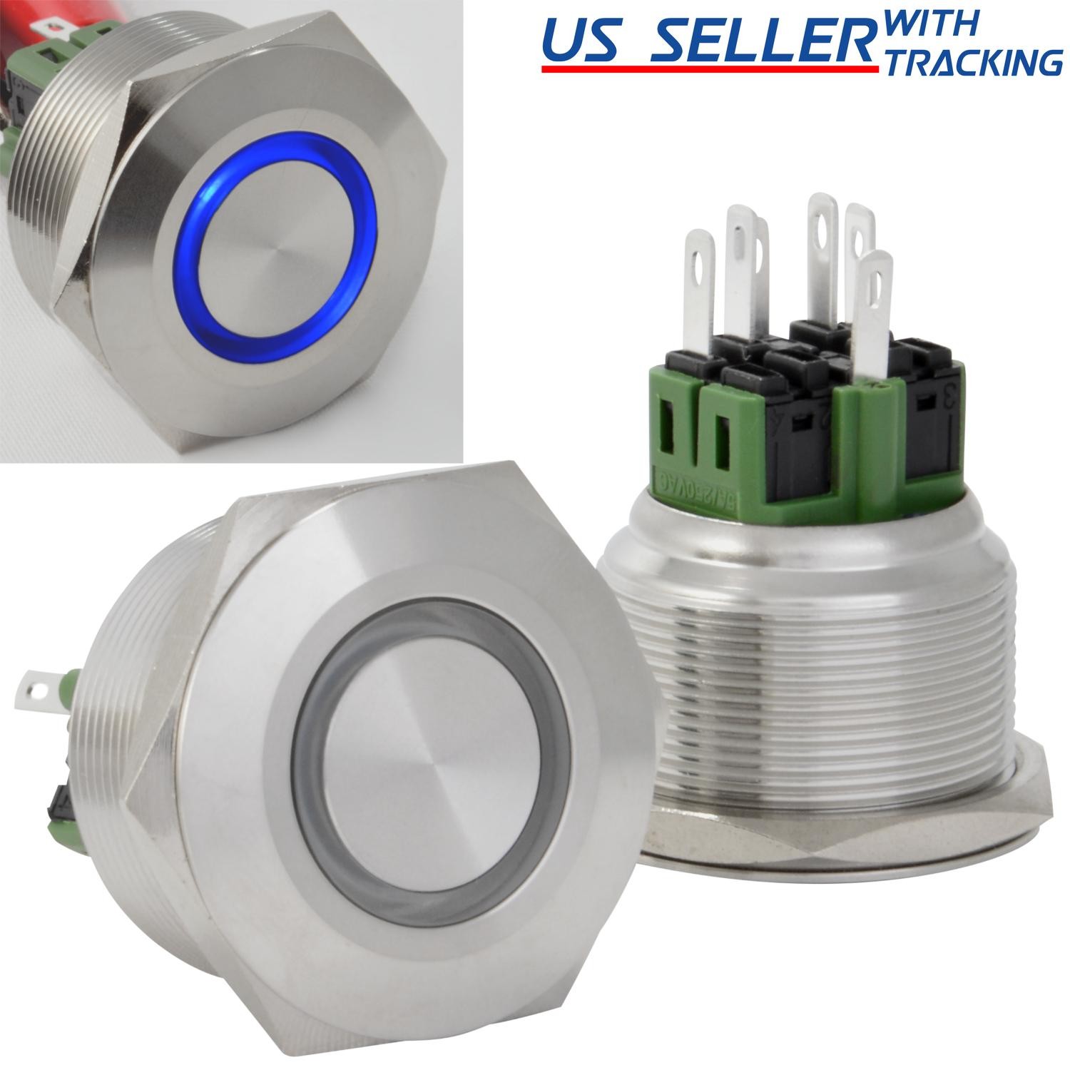 28mm Latching Push Button Power Switch Stainless Steel w/ Blue LED Waterproof