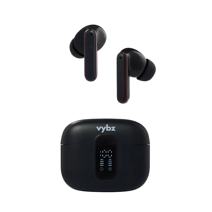VYBZ True Wireless TWS In-Ear Earbuds + Charging Case & LED Display - BLACK