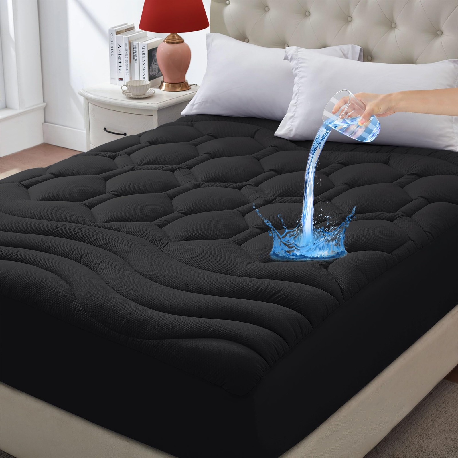 ELVEN HOME Full Size Mattress Pad Waterproof, Cooling Full, Black