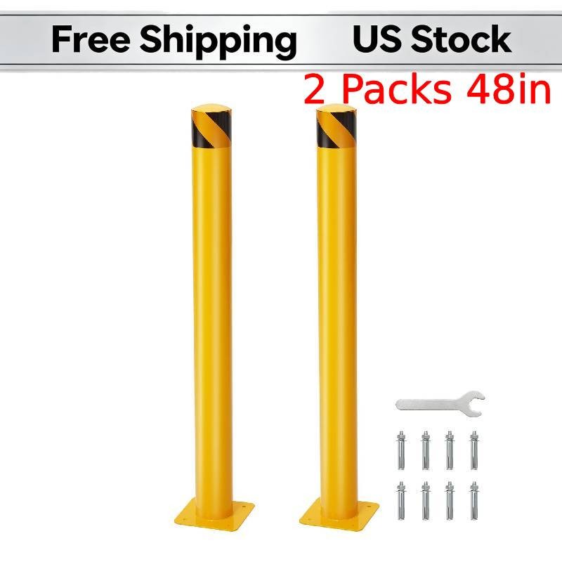 24 Anchor Bolts Safety Bollard Post 48in Yellow Steel 4.5in Diameter 2 Pack