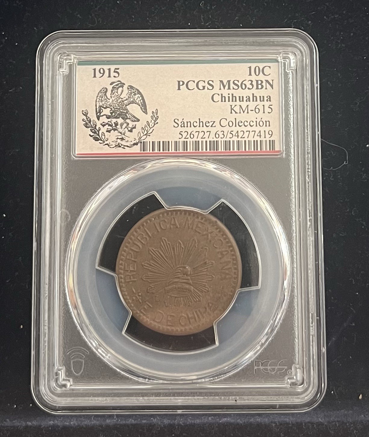1915 Mexico 10 Centavos 1915 PCGS MS 63 BN — KM-615