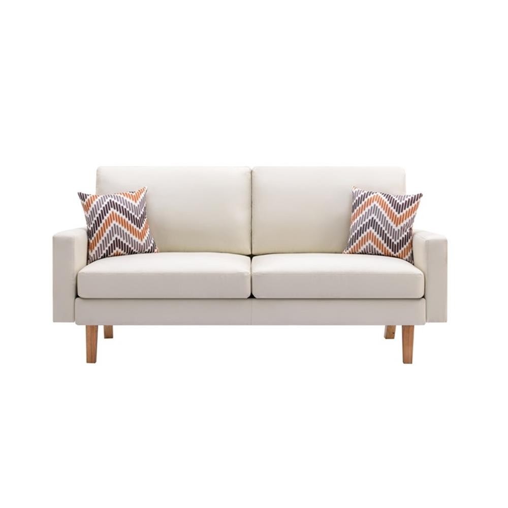 Bahamas Beige Linen Fabric Sofa with Square Arms and 2 Throw Pillows