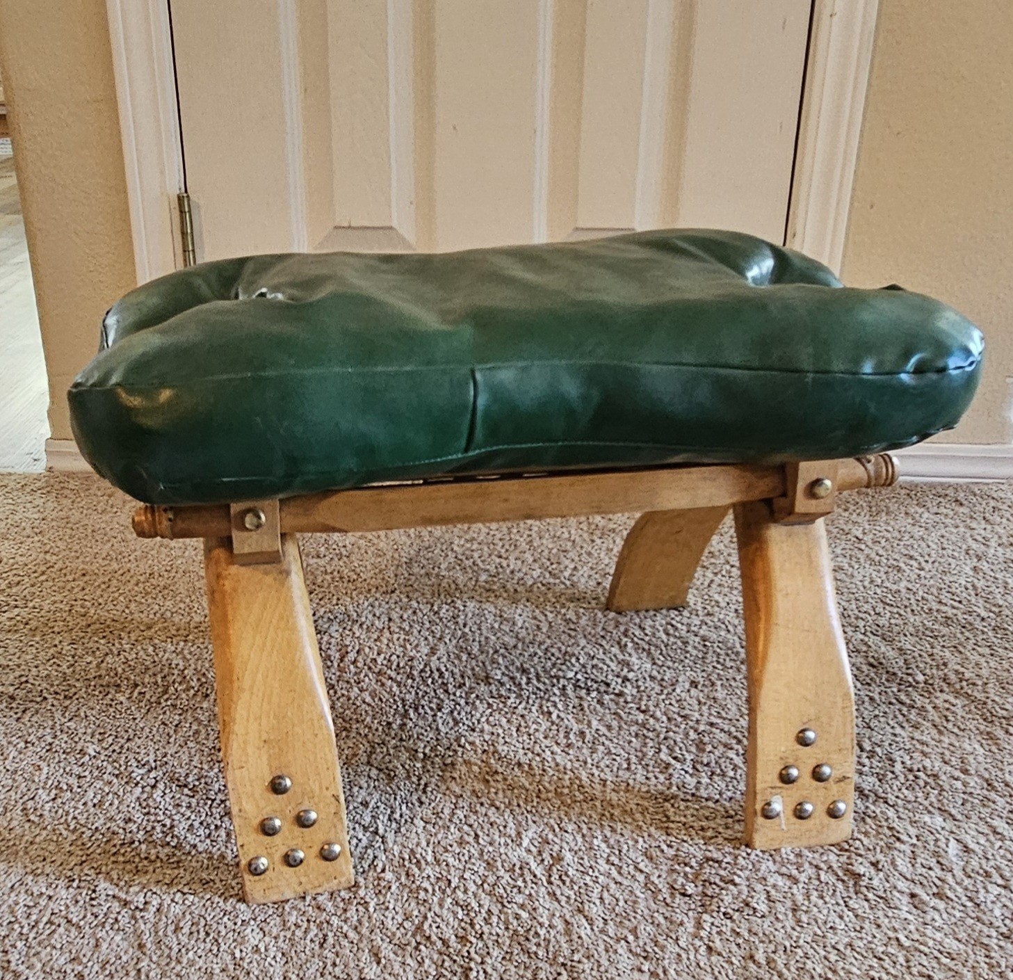 Antique Camel Saddle Brass Caps & Studded Accents Leather Vinyl Padded Seat.