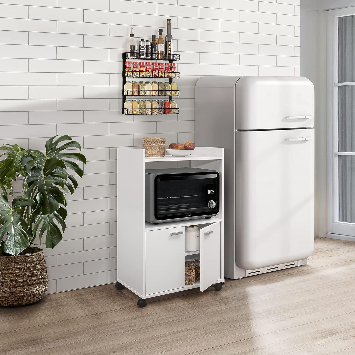 Stylish White 2-Door Microwave Cart with Shelves for Kitchen Storage