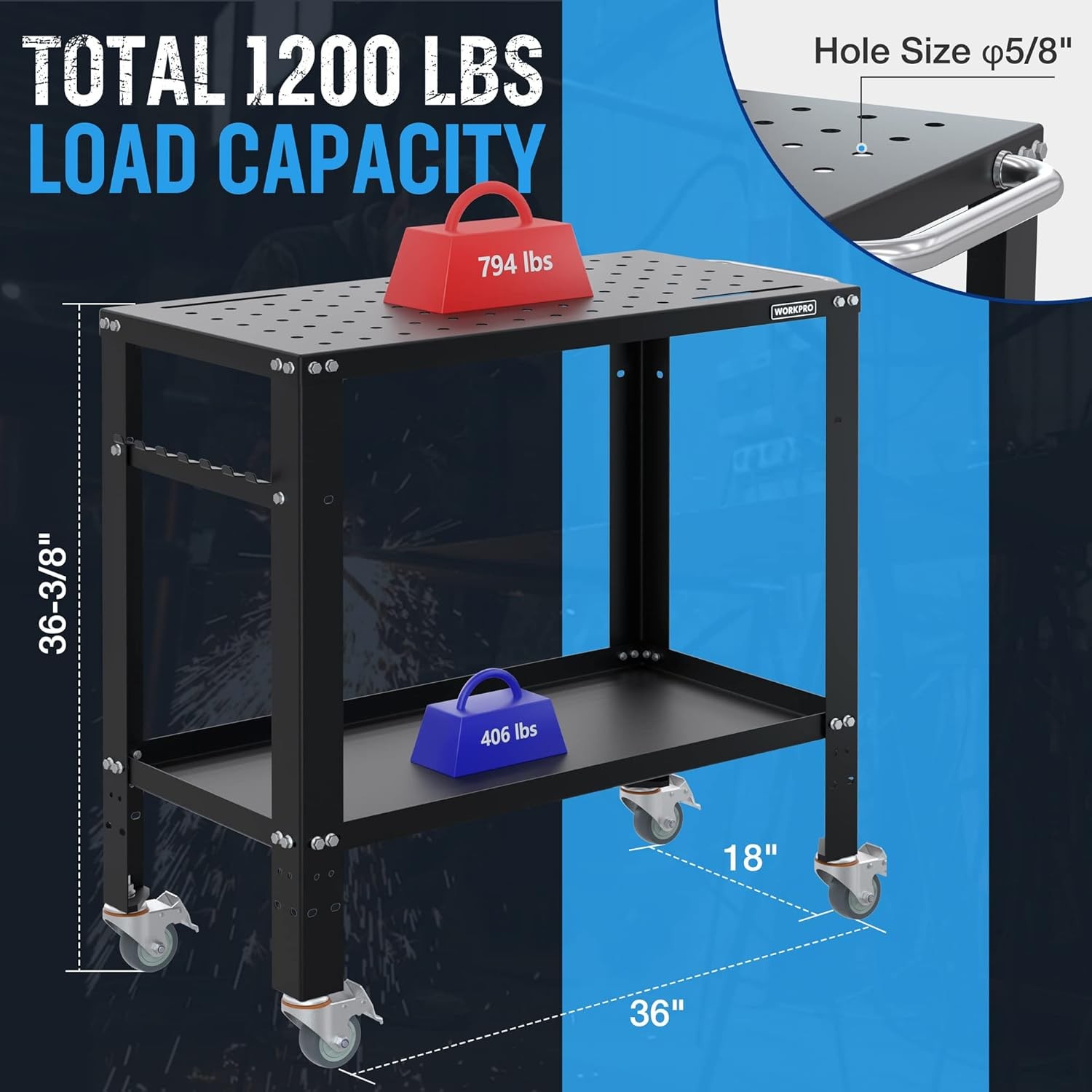 WORKPRO 36"×18" Welding Table 1200 lbs Load Capacity 5/8" Hole Welding Workbench