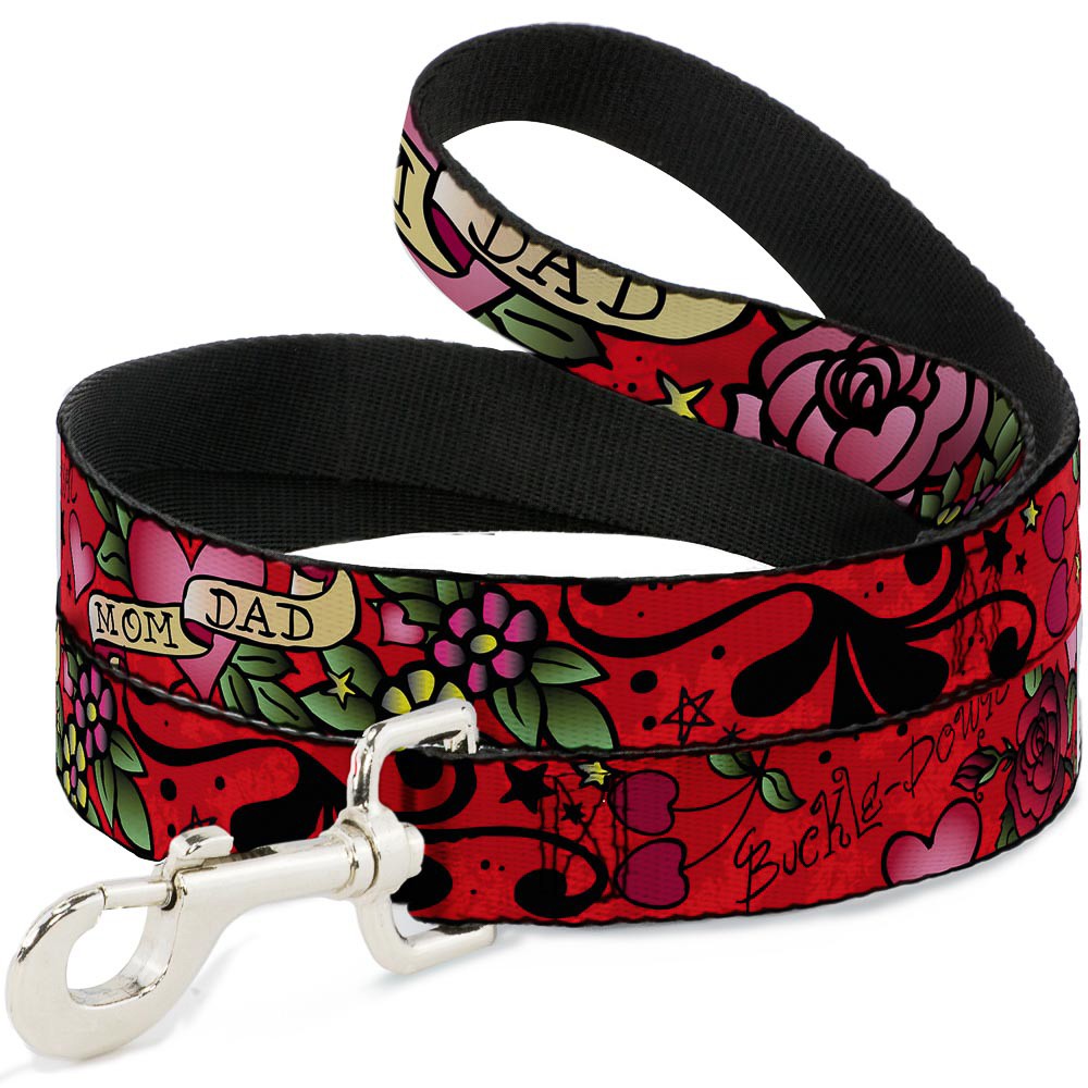 Dog Leash Mom & Dad Red NARROW 0.5"