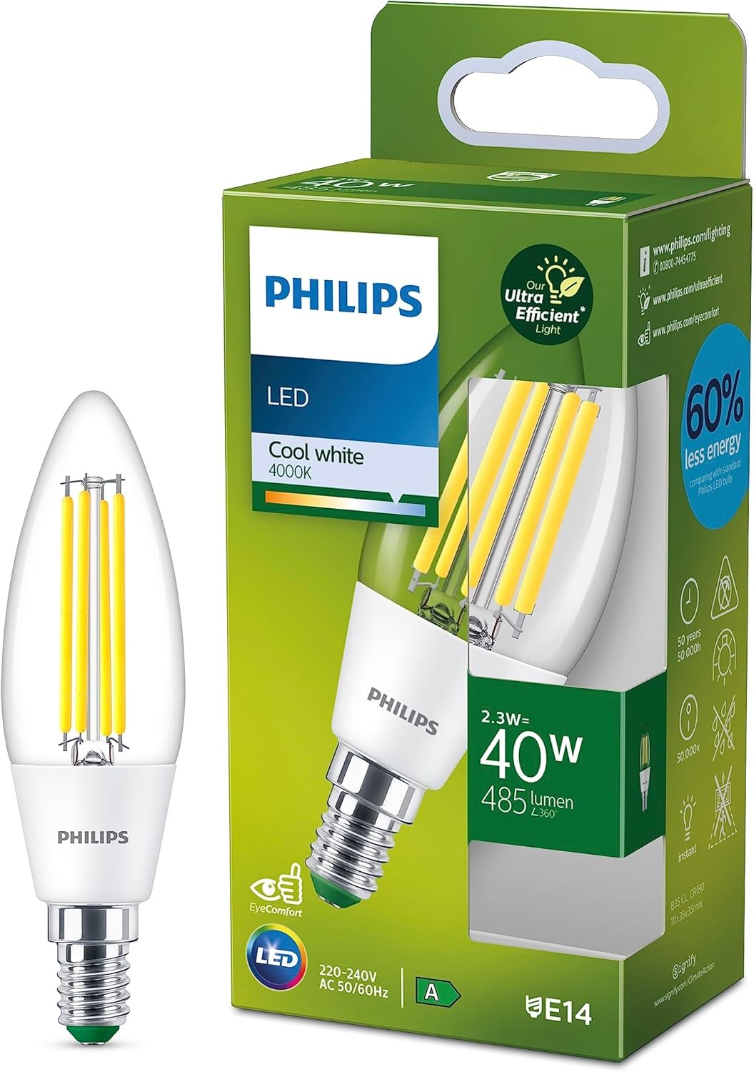Philips Ultra Efficient - Ultra Energy Saving Lights, LED Light Source, 40W,