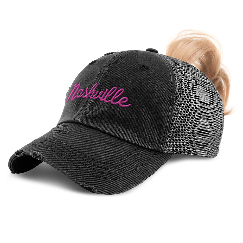 Womens Ponytail Cap Nashville Love America Cotton Usa Distressed Trucker Hats