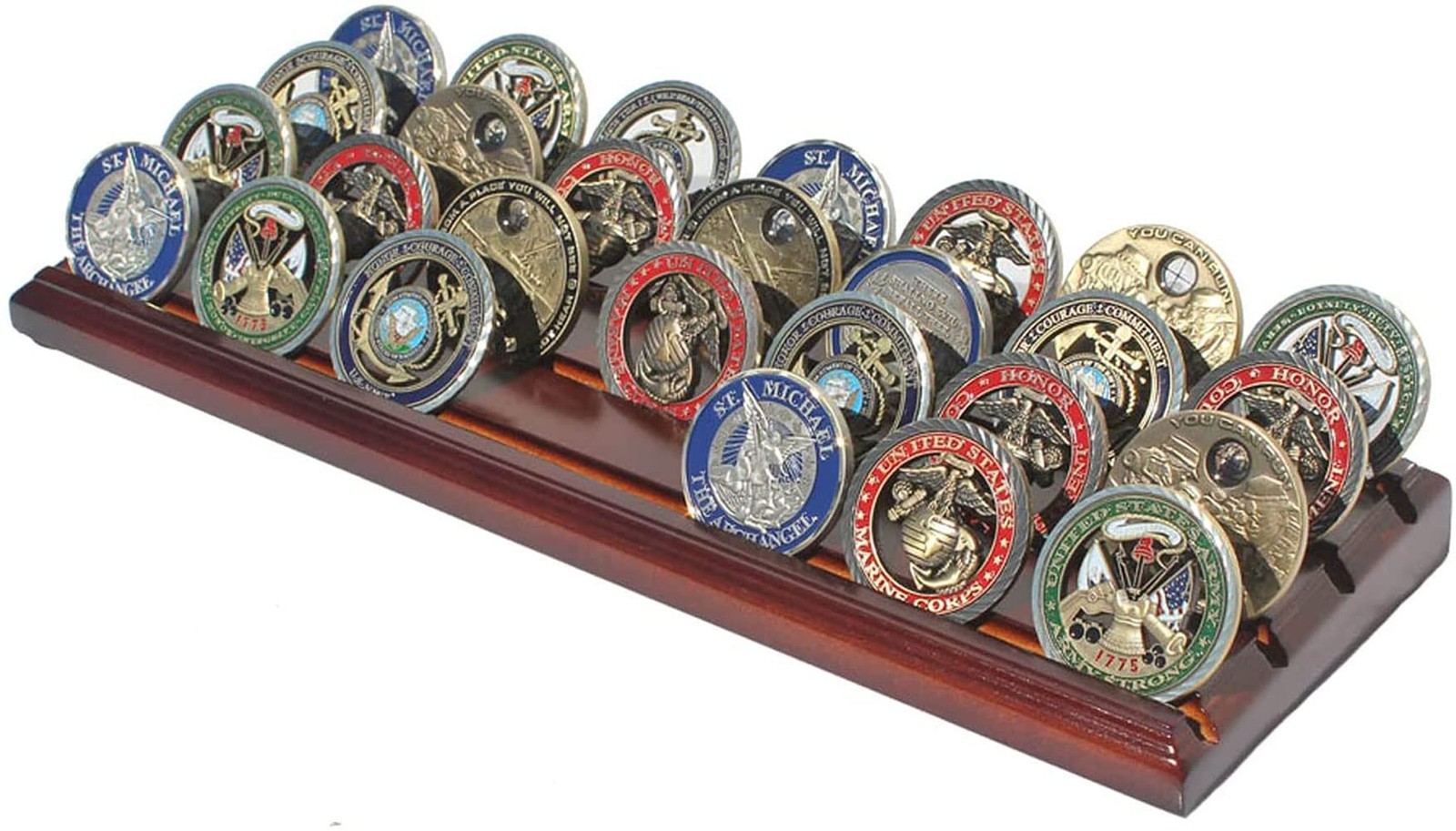 DisplayGifts Challenge Coin Display Stand 4 Row Wooden Holder Walnut Finish