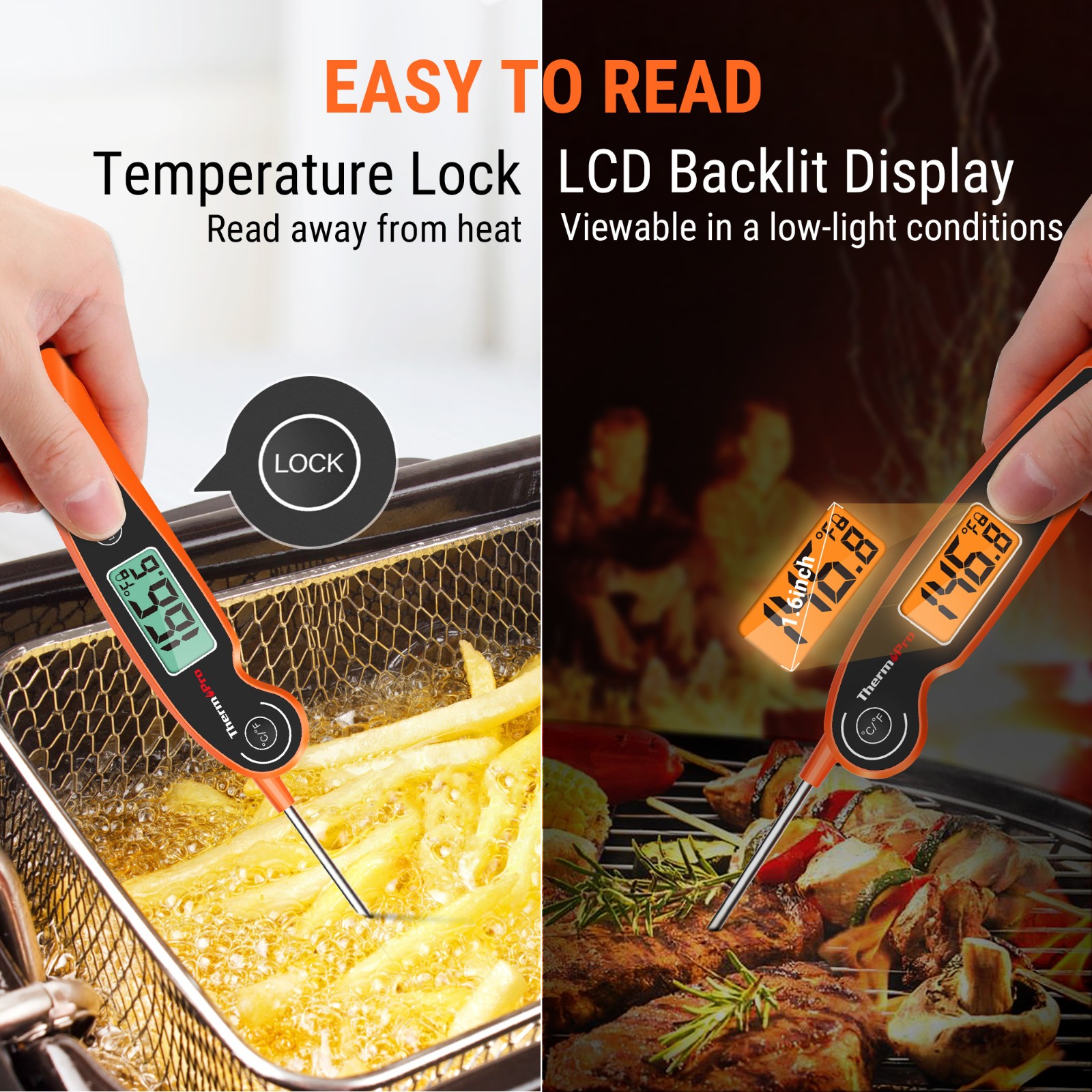 ThermoPro TP605W Instant Read Meat Thermometer Waterproof Backlit Foldaway Probe