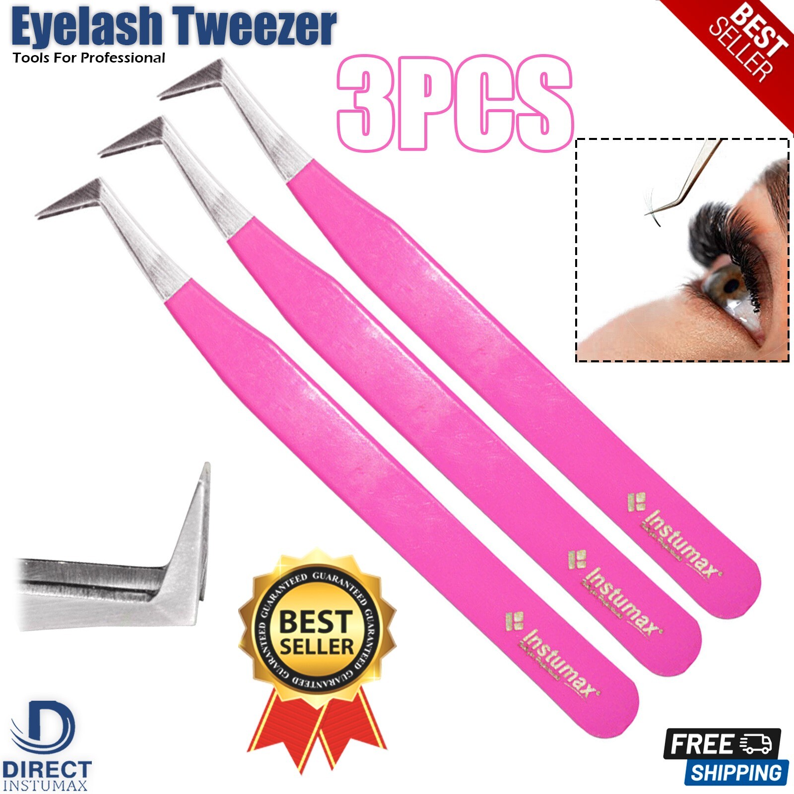 Eyelash Extension Tweezers L-Shape Sleek Long Tip for Classic Lashes Pink 3PCS