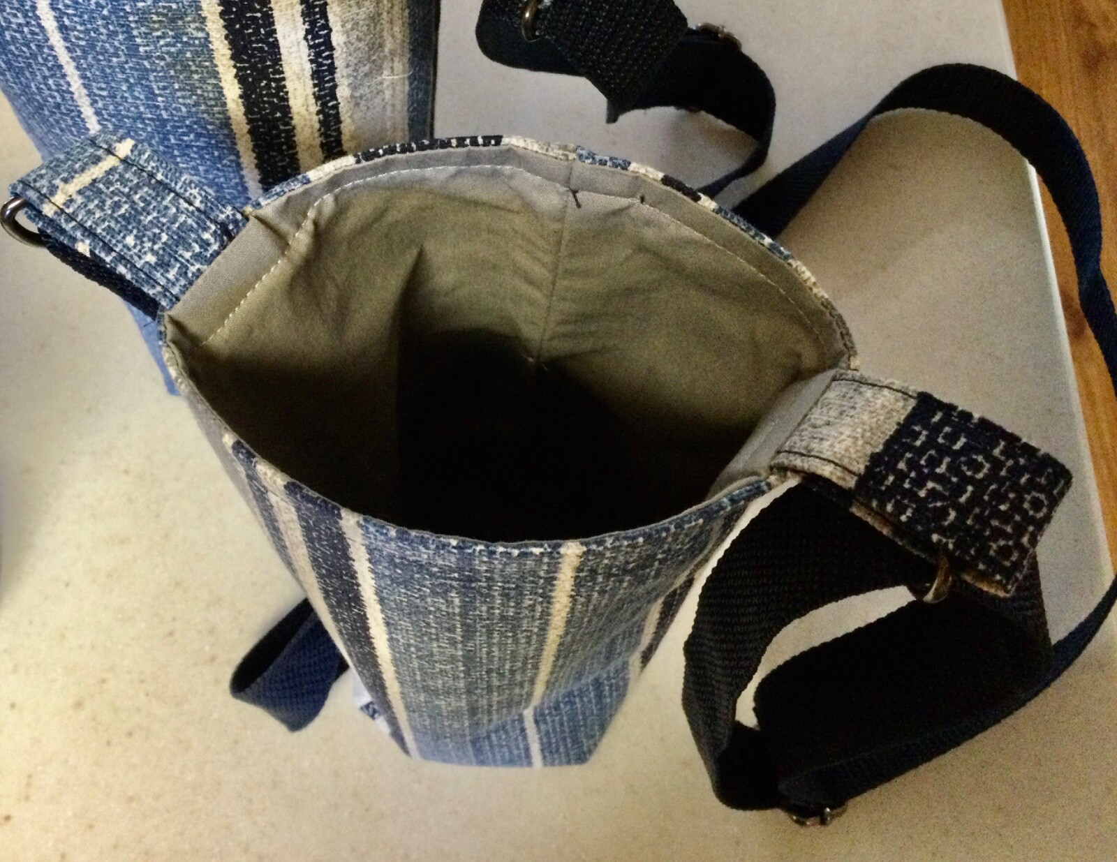 Handmade Crossbody Water Bottle Holder; Blue/Gray Stripe; Adjustable Strap/Lined