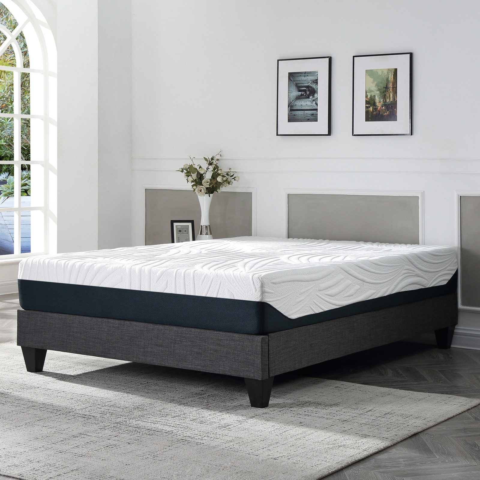 Grey Polyester Upholstered Platform Bed Frame, California King