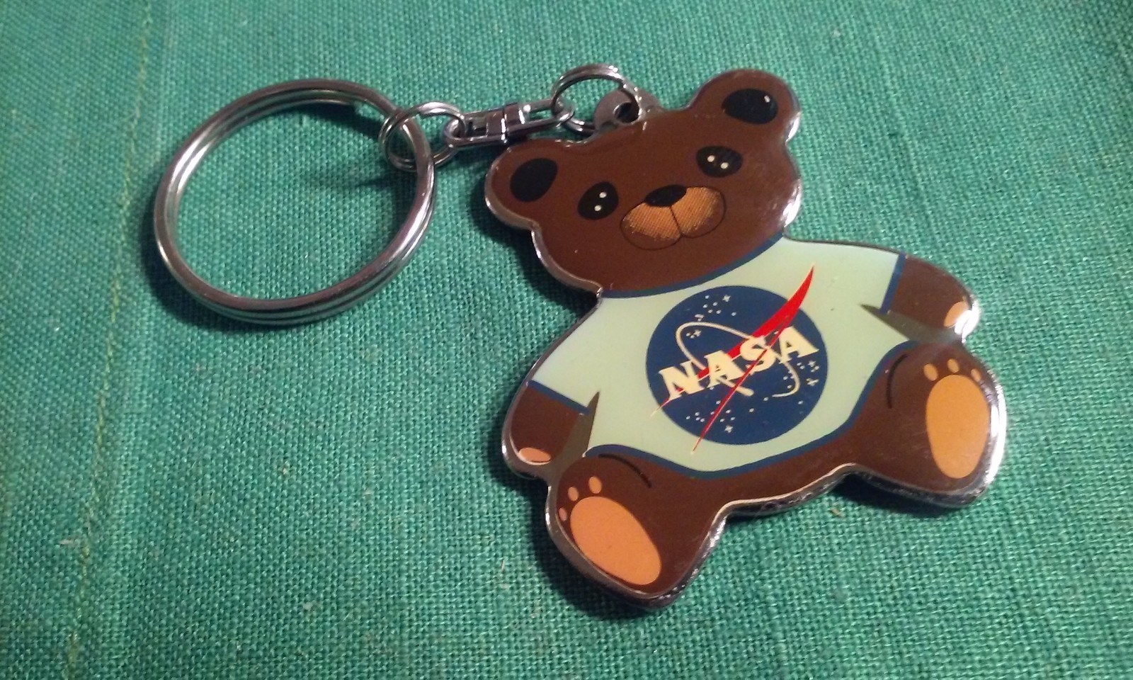 Retro NASA Teddy Bear Keychain Key-Ring Fob Metal & Enamel Two-Sided Scarce